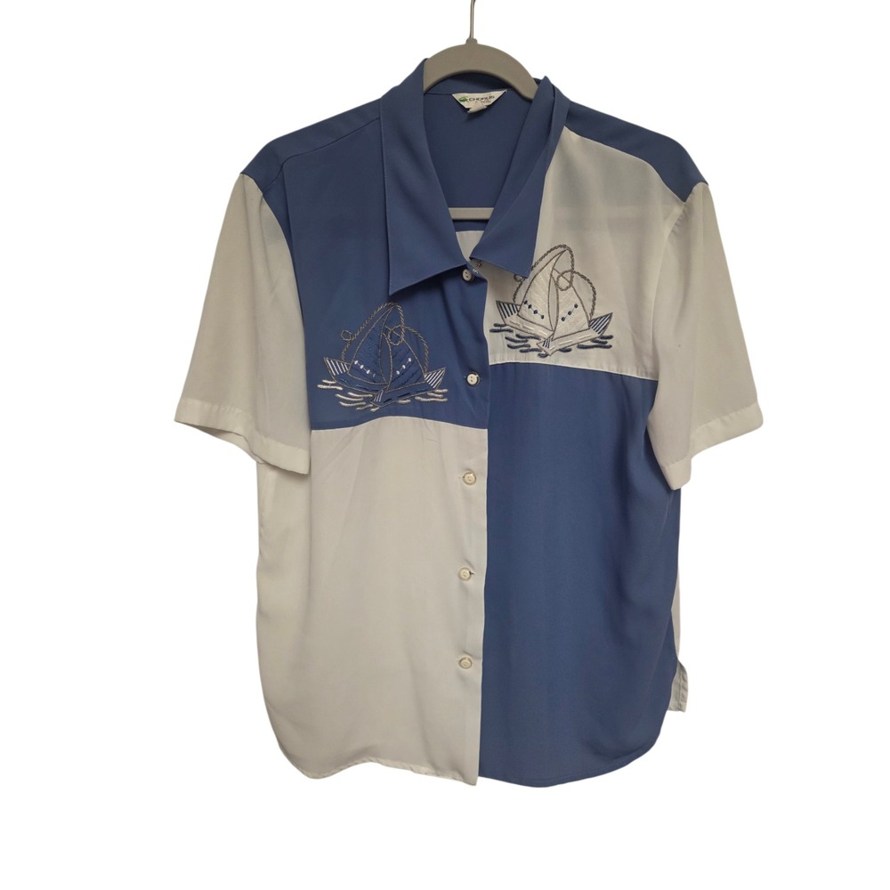 Vintage Color Block Bowling‎ Shirt Sailboat Embroidery Retro Rockabilly Camp